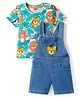 Babyhug Single Jersey Knit Half Sleeves Animal Printed T-Shirt & Denim Dungaree with Tiger Embroidery - Blue