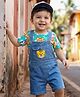 Babyhug Single Jersey Knit Half Sleeves Animal Printed T-Shirt & Denim Dungaree with Tiger Embroidery - Blue