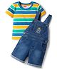 Babyhug Single Jersey Knit Half Sleeves Striped T-Shirt & Denim Dungarees Set with Embroidery - Blue