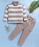 TOONYPORT Cotton Blend Knit Full Sleeves Striped Tee With Trouser Set - Brown