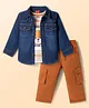 Babyhug Denim Woven Full Sleeves Shirt & Trouser Set With Printed Inner Tee - Blue & Brown