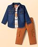 Babyhug Denim Woven Full Sleeves Shirt & Trouser Set With Printed Inner Tee - Blue & Brown