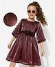 Hola Bonita Woven Three Fourth Sleeves Party Dress With Corsage & Belt - Mauve