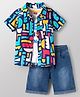 Babyhug Rayon Knit Half Sleeves Printed Shirt & Denim Shorts Set with Inner Tee - Blue