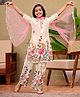 FlyFinns Cotton Woven Three Fourth Sleeves Floral Printed & Gota Lace Embellished Kurti Pant & Dupatta Set - Off White