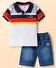 Babyhug Single Jersey Knit Half Sleeves Cut & Sew Polo T-Shirt & Denim Shorts Set with Nautical Theme Embroidery - Blue