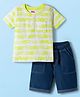 Babyhug Single Jersey Knit Half Sleeves T-Shirt & Denim Shorts Set with Leaf Print - Navy Blue
