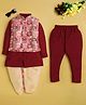 Jeet Ethnics Cotton Blend Knit Full Sleeves Kurta Dhoti & Pyjama Set With Floral Ethnic Motifs Embroidered Jacket - Maroon