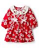 Babyoye 100% Cotton Woven Full Sleeves Floral Embroidered & Printed Frock - Red