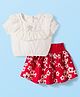 Babyoye Cotton Woven Half Puffed Sleeves Top & Skirt Set with Floral Print - Red & White