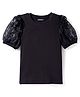 Pine Kids Cotton Lycra Knit Half Sleeves Solid Top with Lace Detailing - Black