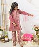 Fairies Forever Velvet Woven Full Sleeves Gota Lace Embellished Kurti & Pyjama With Dupatta Set - Baby Pink
