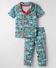 OHMS Single Jersey Knit Half Sleeves Co-ords Night Suit With Vehicle Print - Teal Blue