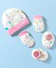 OHMS Interlock Knit Cap Mittens & Booties With Animal Print White - Diameter 10.5 cm