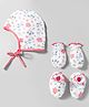 OHMS Single Jersey knit Cap Mittens & Booties Set With Floral Print - White