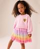 ZIP ZAP ZOOP Cotton Knit Full Sleeves Heart Applique Detailed Sweatshirt With Layered Skirt Set - Pink & Multi Colour