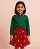 ZIP ZAP ZOOP Cotton Woven Christmas Theme Full Sleeves Golden Flower Embellished Shirt & Skirt Set - Green & Red