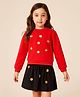 ZIP ZAP ZOOP Cotton Knit Full Sleeves Floral Applique Detailed Sweatshirt With Skirt Set - Red & Black