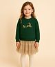 ZIP ZAP ZOOP Cotton Knit Full Sleeves Reindeer Embroidered Top & Skirt Set - Green & Golden
