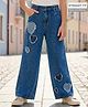 Arias Cotton Denim Full Length Wide Leg Washed Jeans With Heart Applique - Blue