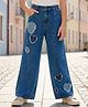 Arias Cotton Denim Full Length Wide Leg Washed Jeans With Heart Applique - Blue