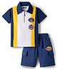 Pine Kids Looper Knit Half Sleeves Polo T-Shirt & Shorts Set With Patch Detailing - White & Navy Blue