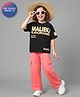 Primo Gino 100% Cotton French Terry Knit Half Sleeves Oversized Text Printed T-Shirt & Pant Set - Black & Pink