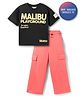 Primo Gino 100% Cotton French Terry Knit Half Sleeves Oversized Text Printed T-Shirt & Pant Set - Black & Pink