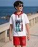Pine Kids Looper Knit Half Sleeves Hooded T-Shirt & Shorts Set With Surfing Print - White & Red