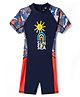 Bosky Swimwear Raglan Half Sleeves Beach Theme Printed Legged Swimsuit - Navy Blue