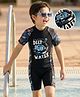 Bosky Swimwear Half Raglan Sleeves Legged Swimsuit with Deep Water Print - Black