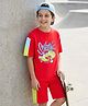 Pine Kids Looper Knit Half Sleeves T-Shirt & Shorts Set With Skateboarding Print - Red