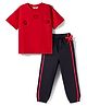 Primo Gino 100% Cotton French Terry Knit Half Sleeves Oversized T-Shirt & Lounge Pant Set with Floral Applique - Red & Black