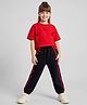 Primo Gino 100% Cotton French Terry Knit Half Sleeves Oversized T-Shirt & Lounge Pant Set with Floral Applique - Red & Black