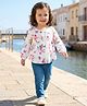 Babyhug Single Jersey Knit Full Sleeves Top & Denim Jeans Set With Floral Print - White & Blue