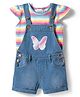 Babyhug Single Jersey Knit Frill Sleeves Striped T-Shirt & Dungaree with Butterfly Embroidery - Light Blue