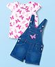 Babyhug Single Jersey Knit Half Cap Sleeves Dungaree & T-Shirt with Butterfly Print - Pink & Blue