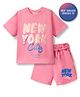 Primo Gino 100% Cotton French Terry Knit Half Sleeves Oversized Printed T-Shirt & Shorts Set With Sequin Embroidery - Pink