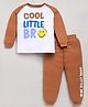 DEAR TO DAD Cotton Woven Full Sleeves Cool Little Bro Text Printed Night Suit Set - Brown