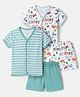 OHMS Single Jersey Knit Half Sleeves T-Shirts & Shorts Co-ord Night Suits With Stripes & Train Print Pack of 2 - Green & White