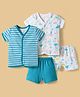 OHMS Single Jersey Knit Half Sleeves T-Shirt & Shorts Night Suits with Jungle Theme Print & Stripes Pack of 2 - Teal Blue & White