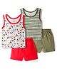 OHMS Single Jersey Knit Sleeveless Tank T-Shirts & Shorts Sets with Jungle Theme Print & Stripes Pack of 2 - Red & Olive Green