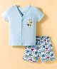 OHMS Single Jersey Knit Half Sleeves Giraffe & Construction Vehicles Printed T-Shirt & Shorts Night Suit - Light Blue