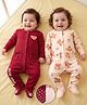 Babyoye 100% Cotton Interlock Knit Full Sleeves Footed Sleepsuit With Eco Jiva Finish & Bear Print Pack Of 2 - Maroon & White