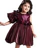 Babyhug Woven Half Sleeves Party Wear Fit and Flare Sequinned Yoke Dress with Flower Embellishments - Burgandy