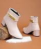 Shoetopia Chain Detailed Zip Closure Ankle Boots - Cream