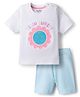 Bonfino 100% Cotton Knit Drop Shoulder Half Sleeves Oversized T-Shirt & Shorts Set With Floral 3D Applique - White