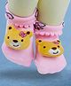 Neska Moda Striped & Teddy Bear Applique Detailed Socks - Baby Pink & Brown