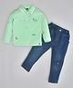 Kiwi Cotton Knit Full Sleeves Beach Theme Printed Tee & Jeans Set - Green & Blue