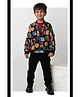 LITTLE COLLARS Blended Woven Full Sleeves Brazil Theme Printed Jacket With  Tee & Pants Set - Black